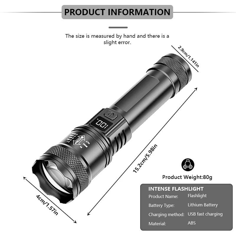 Rechargeable LED Zoom Flashlight with LCD Display
