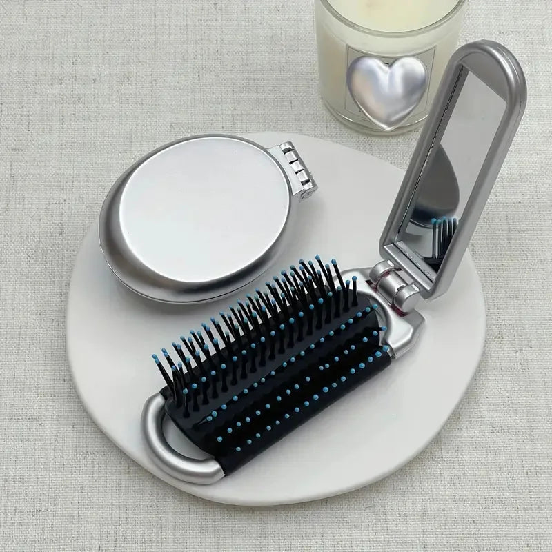 2-in-1 Foldable Hair Brush & Mirror – Mini, Portable, Anti-Static