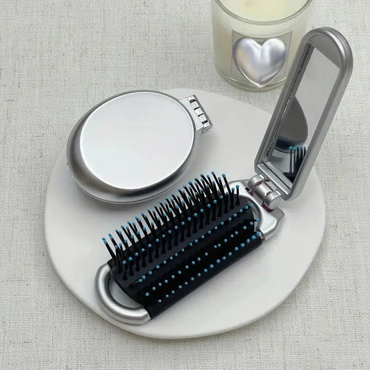 2-in-1 Foldable Hair Brush & Mirror – Mini, Portable, Anti-Static