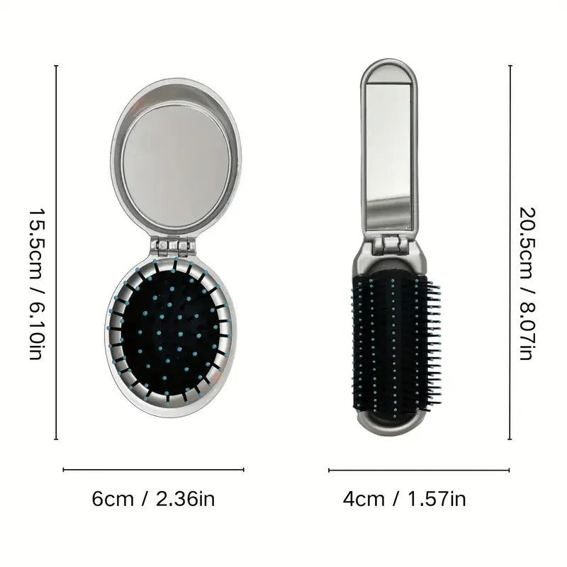 2-in-1 Foldable Hair Brush & Mirror – Mini, Portable, Anti-Static