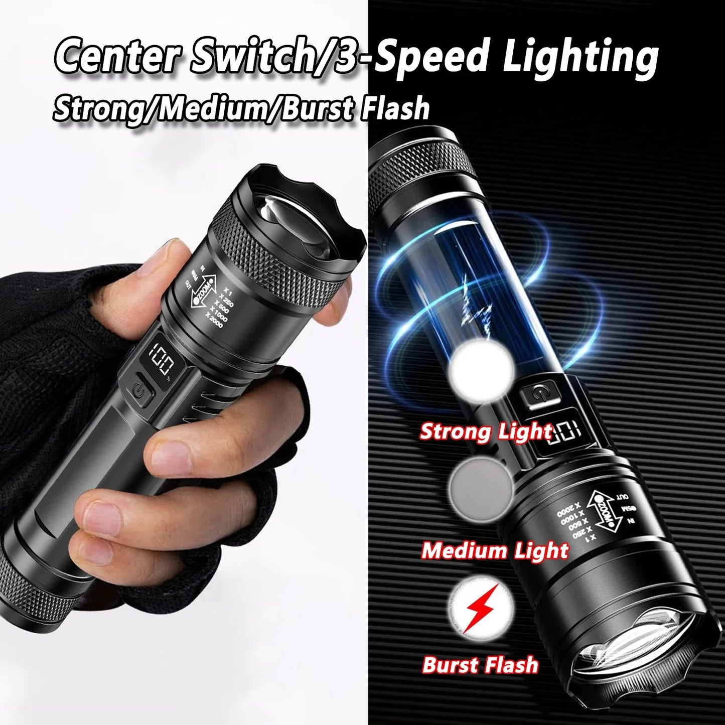 Rechargeable LED Zoom Flashlight with LCD Display