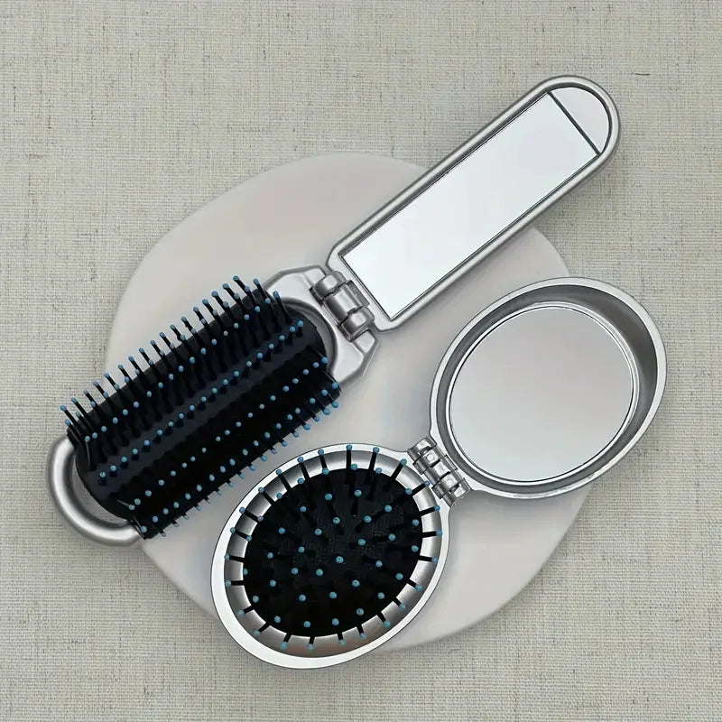 2-in-1 Foldable Hair Brush & Mirror – Mini, Portable, Anti-Static