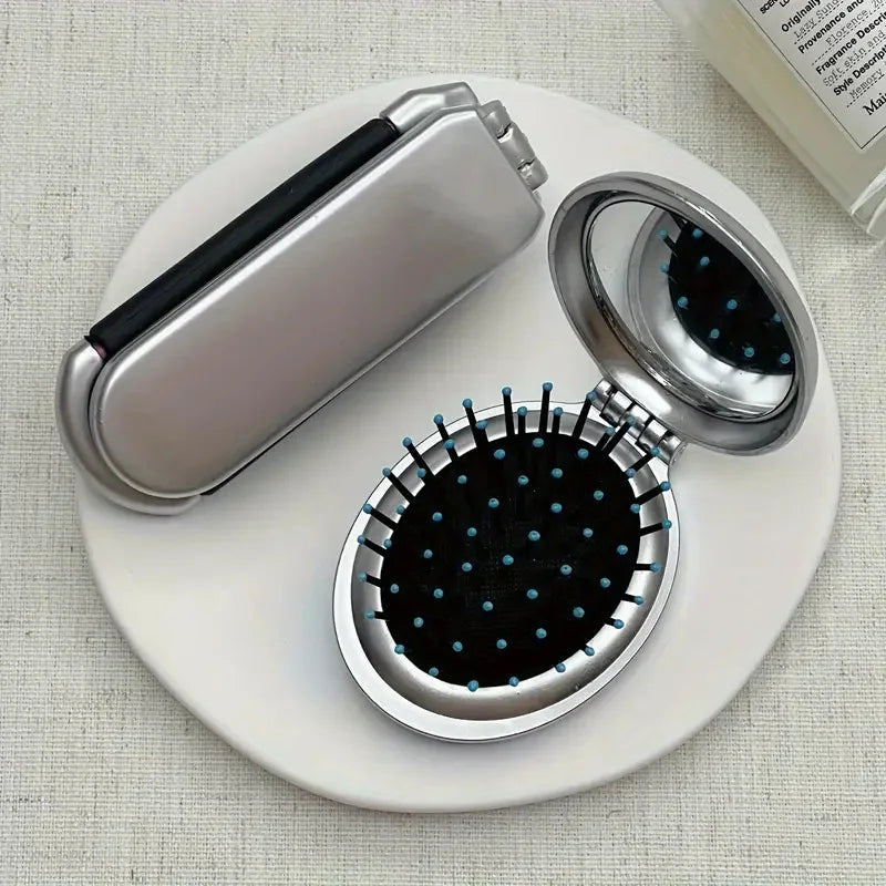 2-in-1 Foldable Hair Brush & Mirror – Mini, Portable, Anti-Static